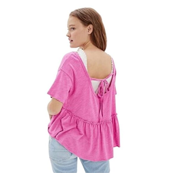 American Eagle Women's Oversized V-Neck Tee Magenta Tie Back Raw Seams S - Picture 1 of 12